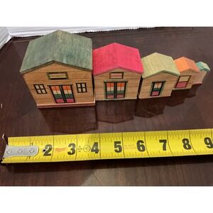 Set of 5 Wooden Houses Miniature Village Buildings Dollhouse Decoration vintage